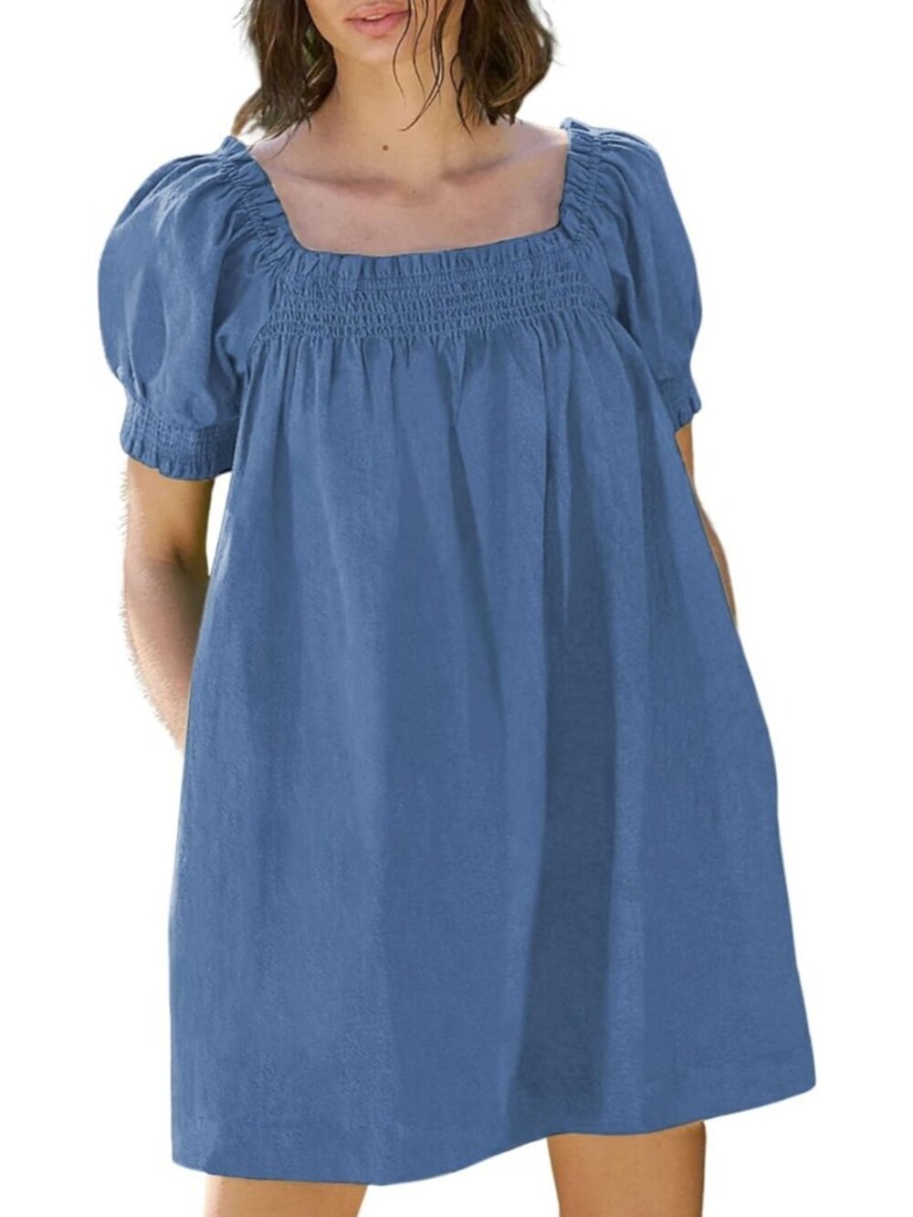 Women's Blue Grey Square Neck Puff Sleeve Beach Sundress Casual Short Mini Dress